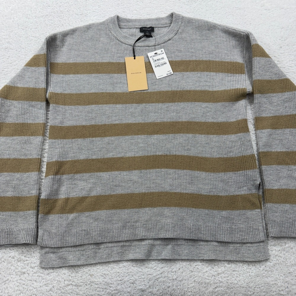 Halogen Women's Gray Tan Striped Crew Neck Sweater‎ XS Acrylic Nylon NWT